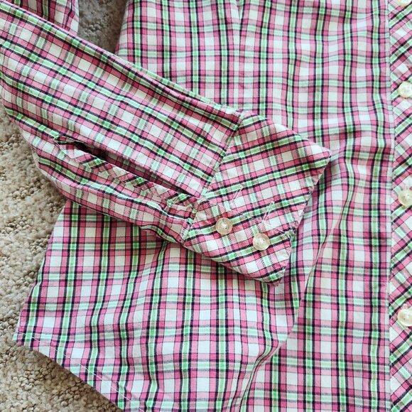 Vineyard Vines Pink & Green Plaid Ruffle Collar Button-Down Shirt Blouse, Sz 4 - Picture 8 of 11